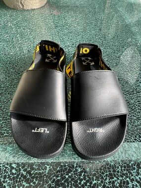 Off-White Black Slides with Yellow Branded Sling 44